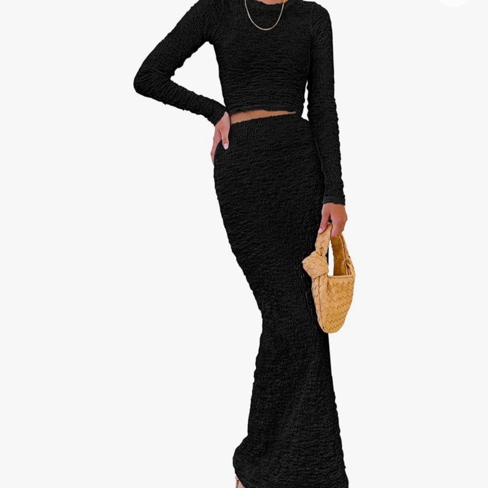 Black Elegant Ruched Mermaid Maxi Skirt Set